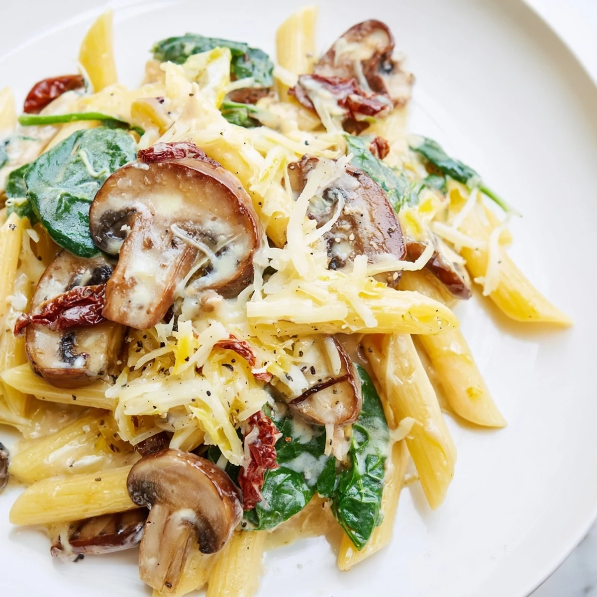 Hearty vegetarian pasta dish served with crusty bread on a wooden table.