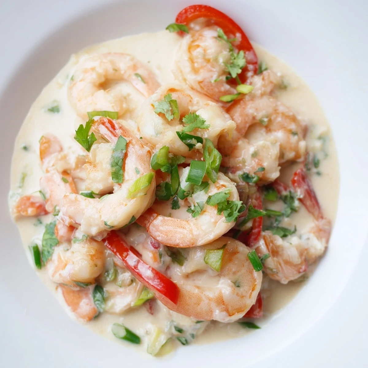 Garlic Shrimp in Coconut Milk sizzling in a skillet with red bell peppers and onions, served alongside fluffy white rice for a tropical meal.