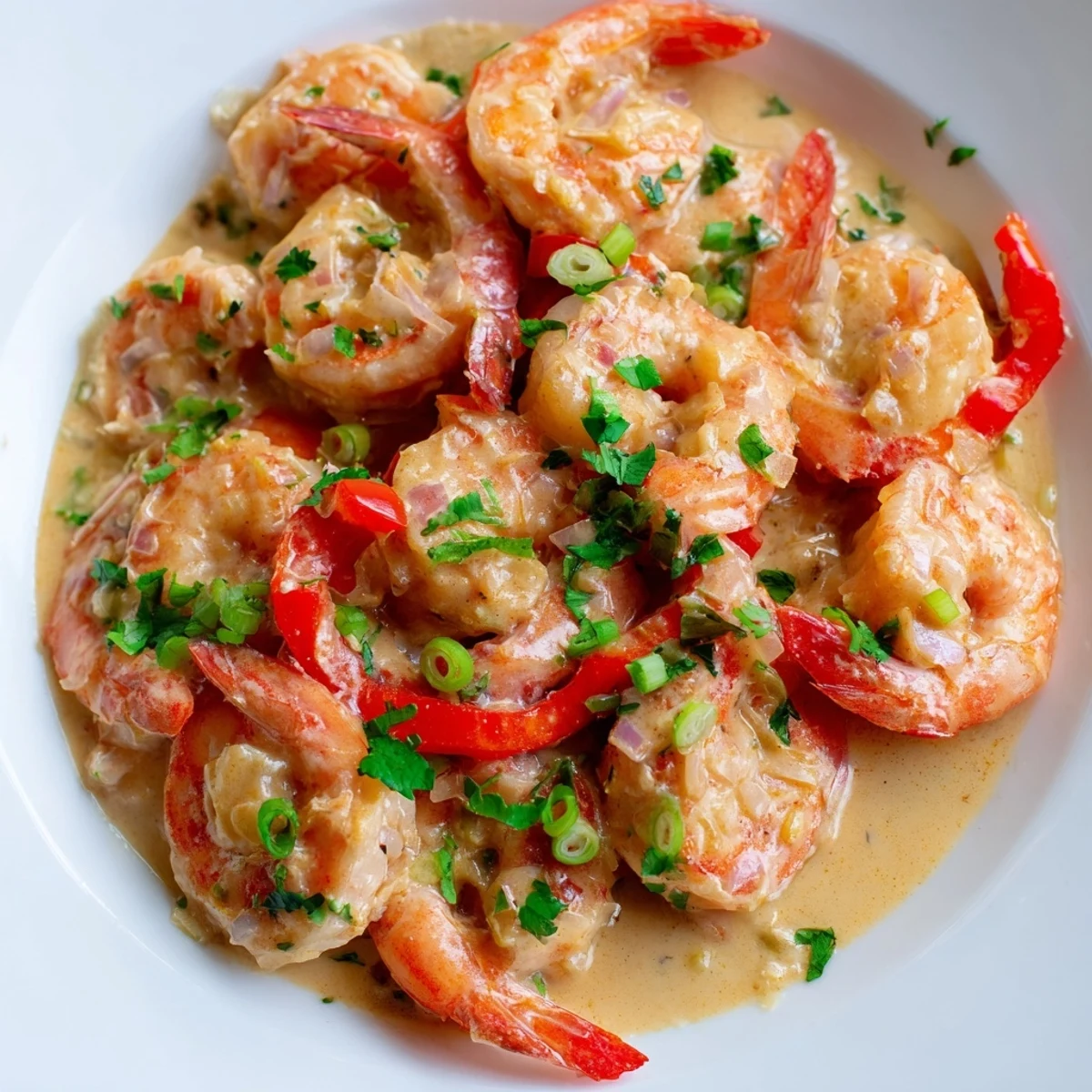 A close-up of Garlic Shrimp in Coconut Milk, showcasing plump shrimp coated in a creamy, aromatic sauce topped with fresh cilantro and green onions.
