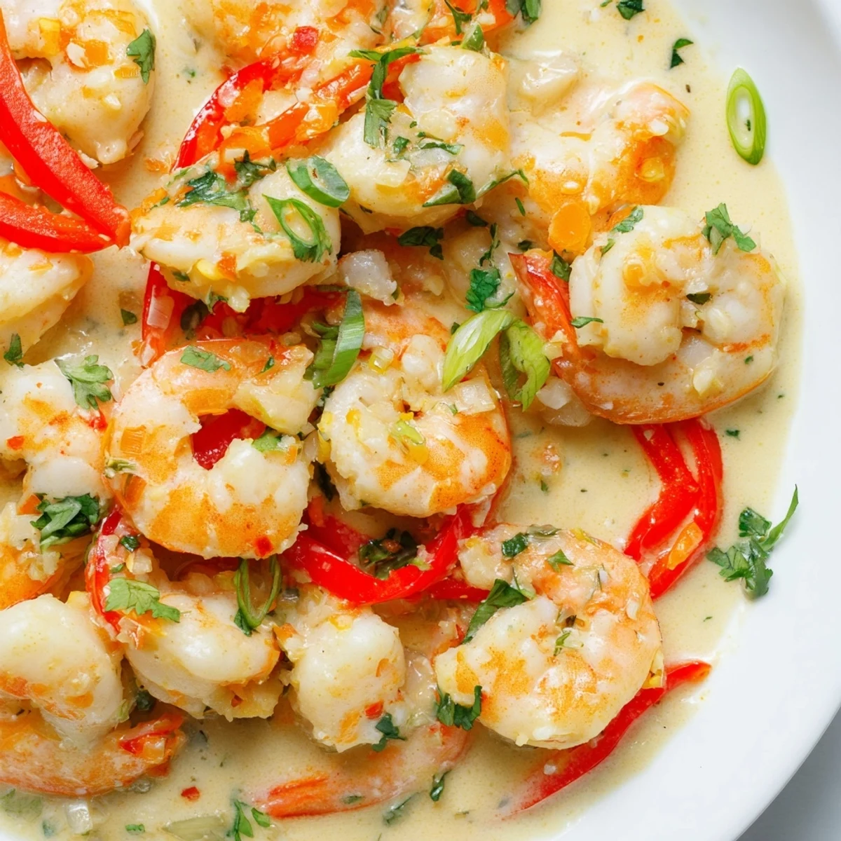 A vibrant bowl of Garlic Shrimp in Coconut Milk, garnished with fresh herbs and a lime wedge, highlighting the rich and savory sauce.