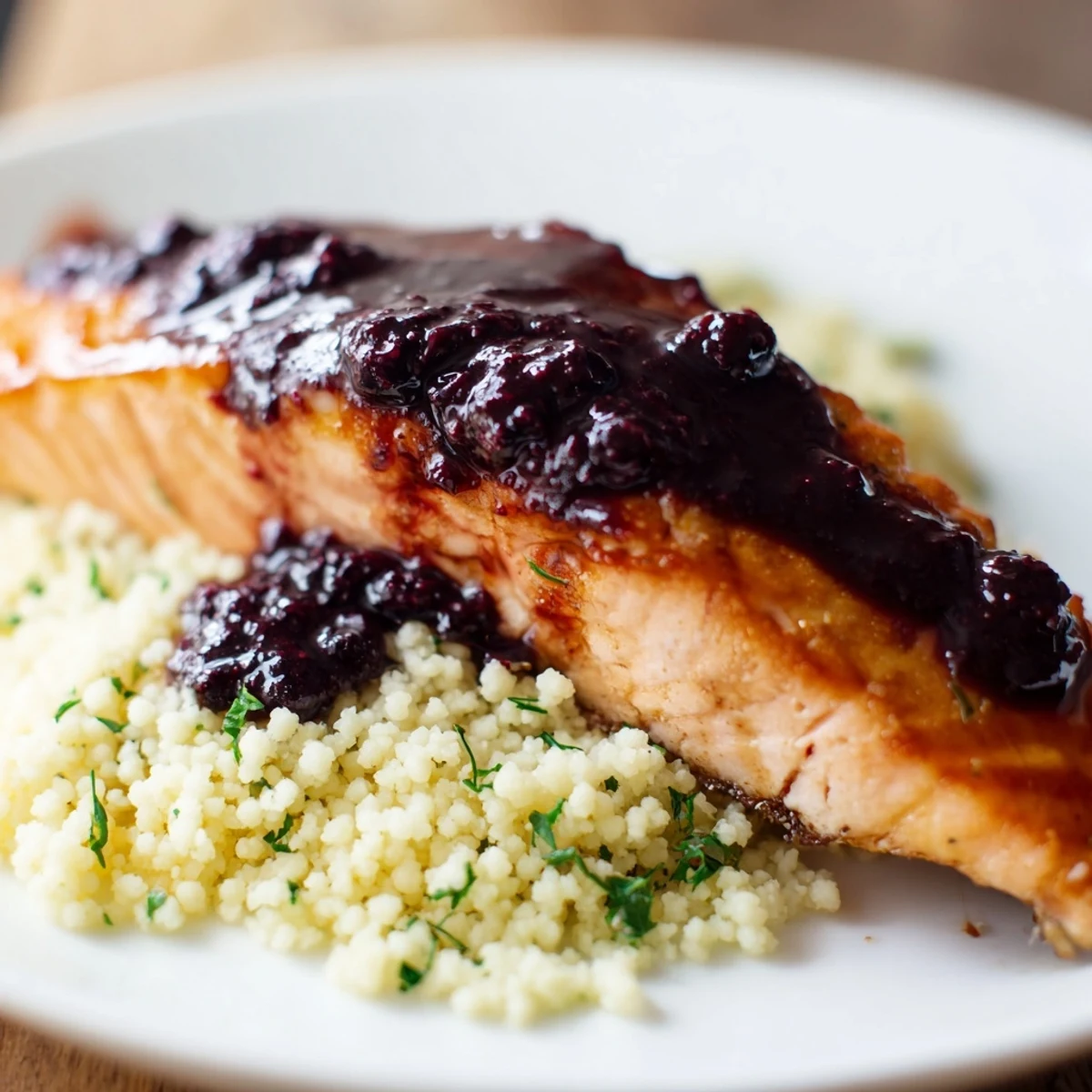 Flaky salmon fillets glazed with deep purple blueberry sauce on a bed of bright lemon herb couscous.