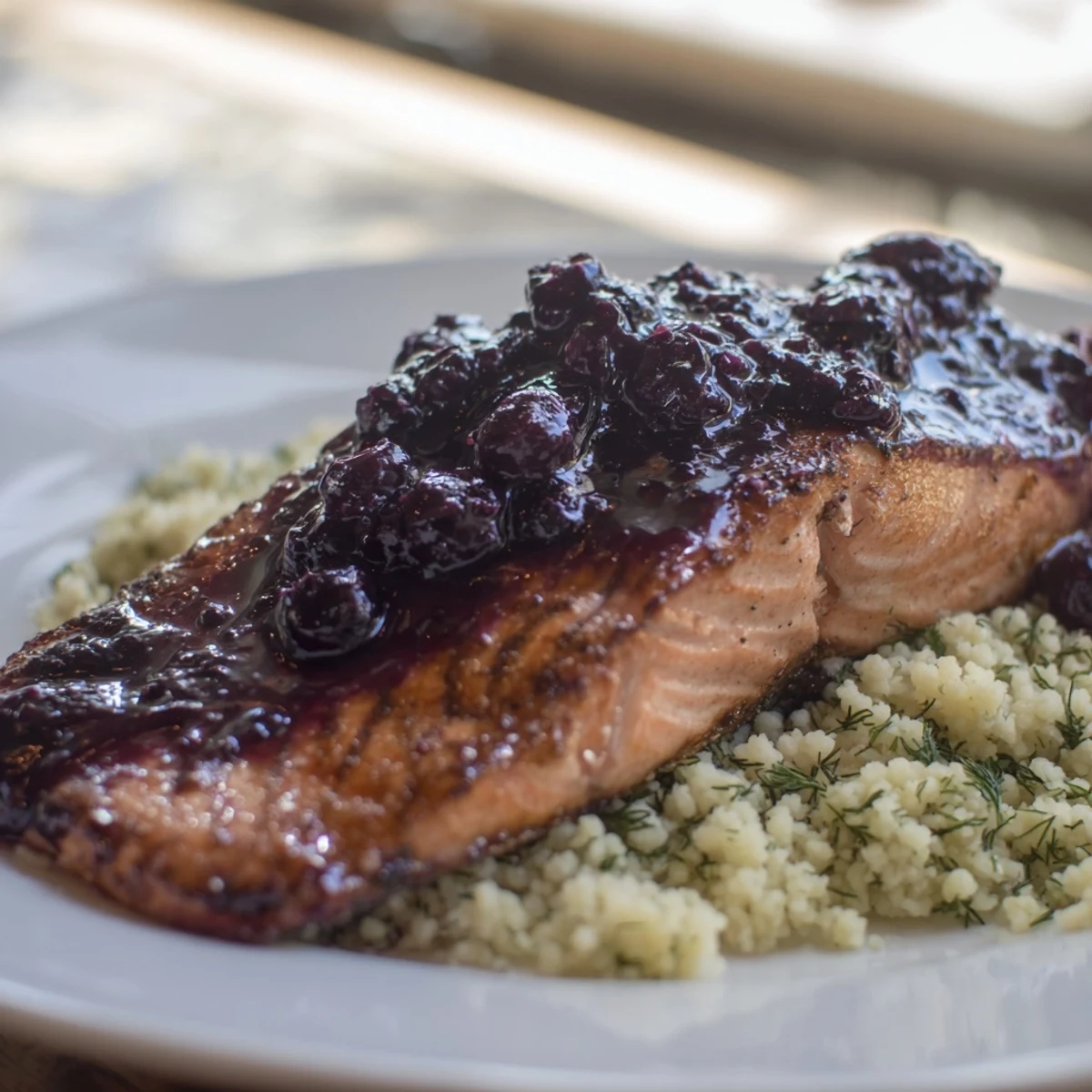Close-up of baked Blueberry Glazed Salmon with Lemon Herb Couscous garnished with fresh parsley and lemon wedges.