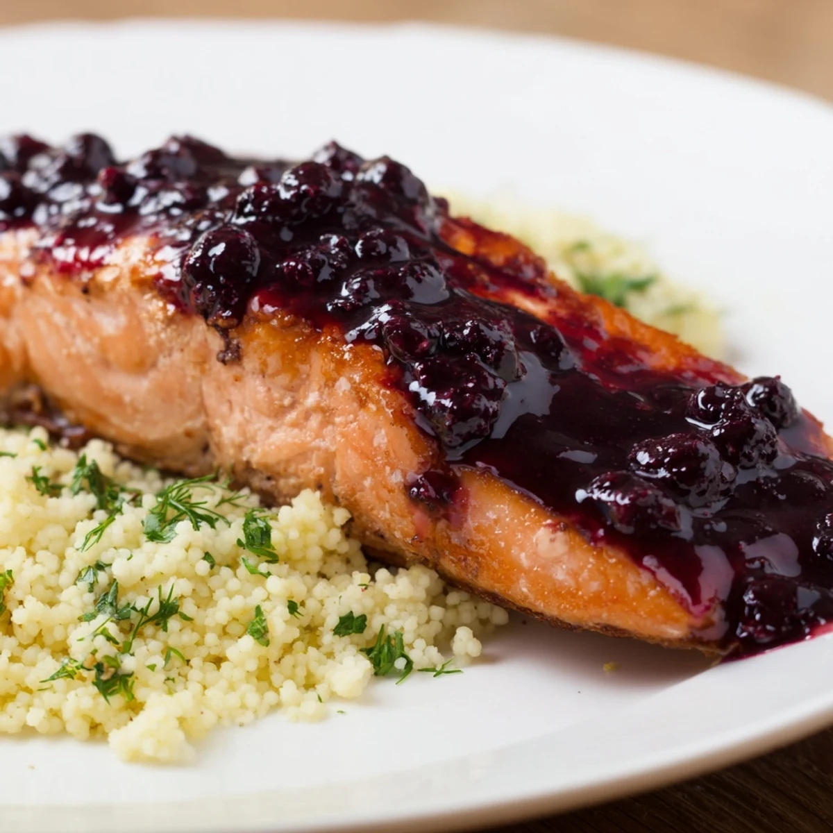 Tangy blueberry reduction drizzled over tender salmon and fluffy couscous for a vibrant dinner plate.