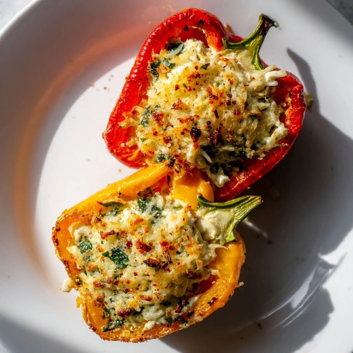 Ricotta Stuffed Peppers served warm with marinara sauce and crusty bread on a wooden kitchen table.