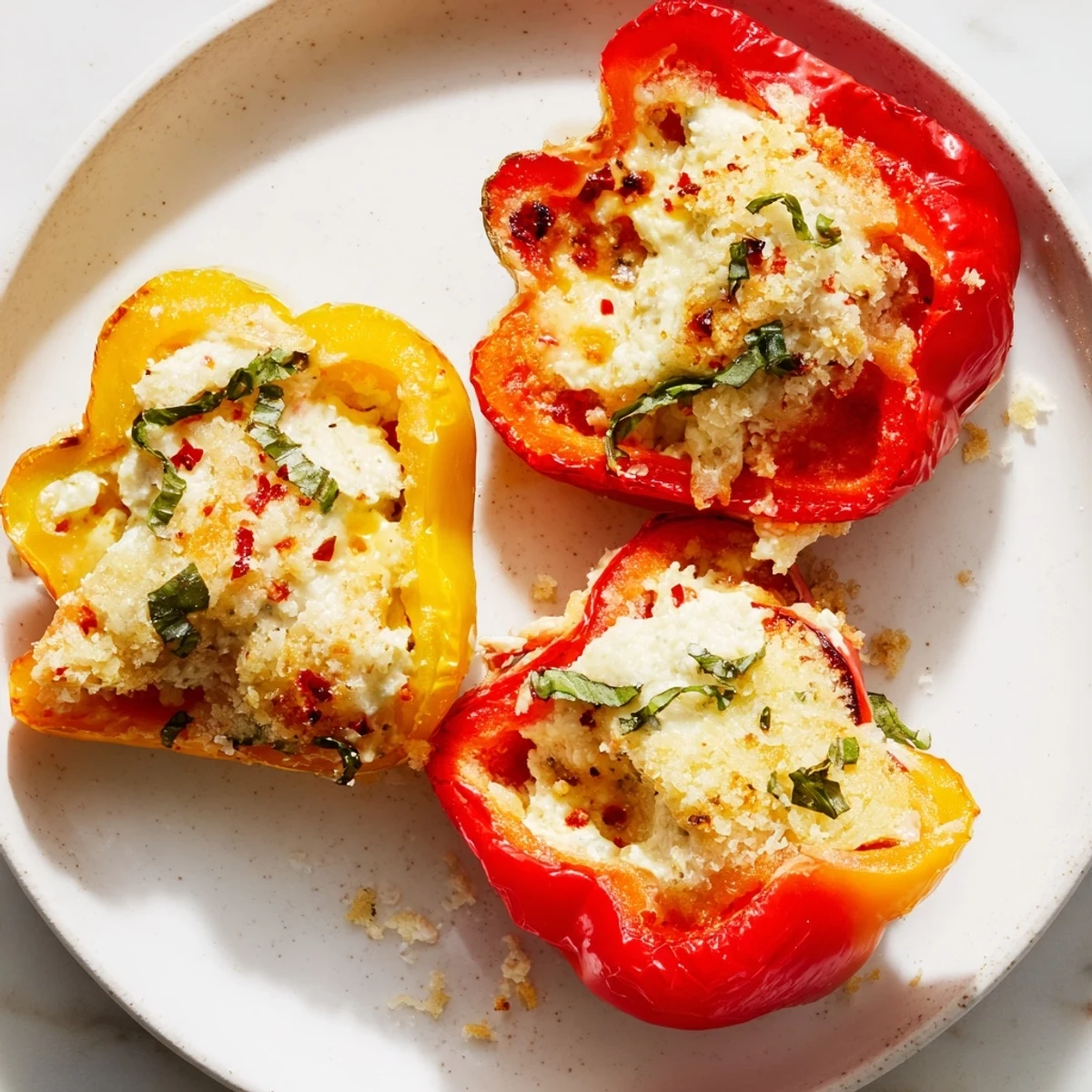 Close-up of Ricotta Stuffed Peppers with golden melted cheese and fresh basil garnish on a rustic plate.