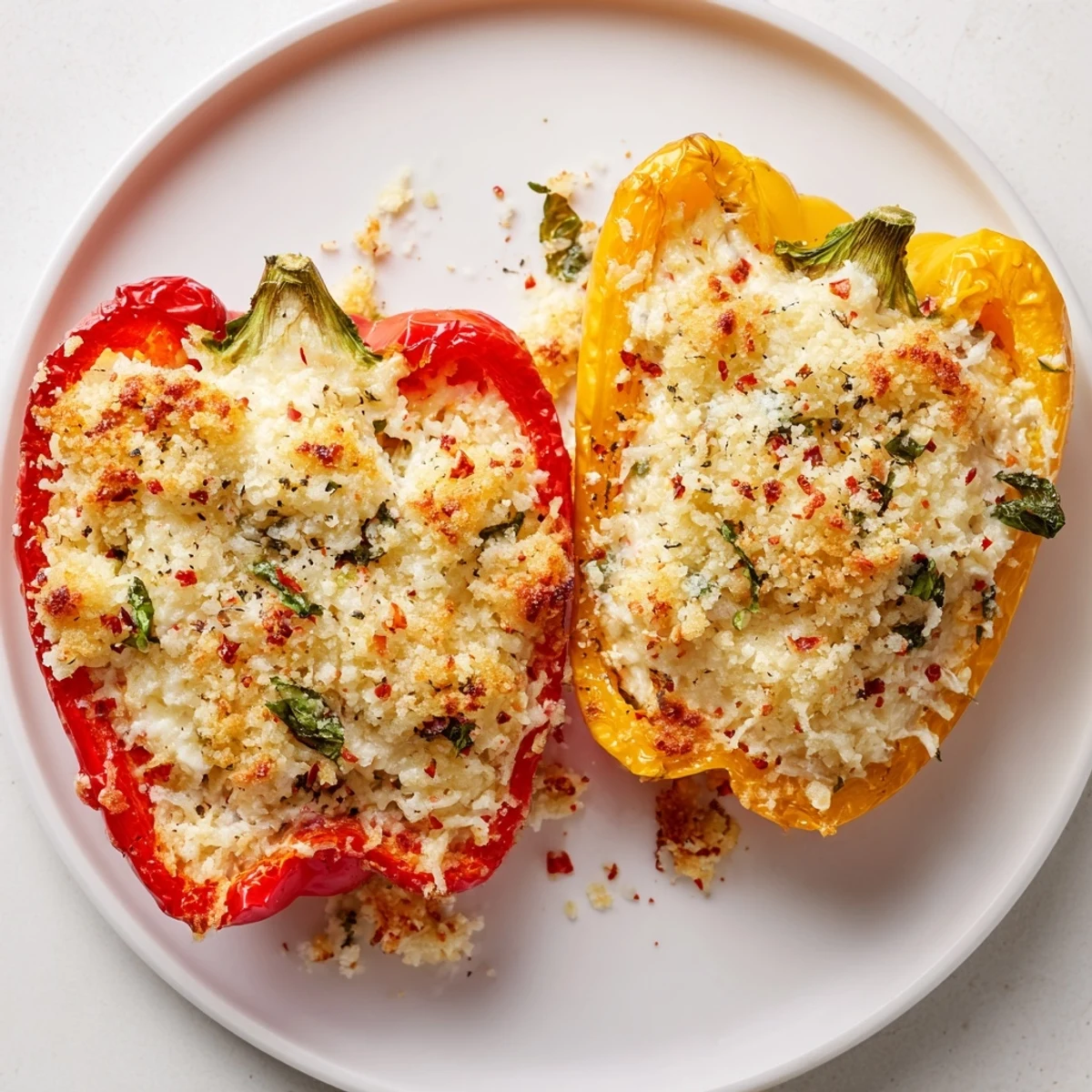 Baked Ricotta Stuffed Peppers featuring tender bell peppers and a creamy filling ready to serve.