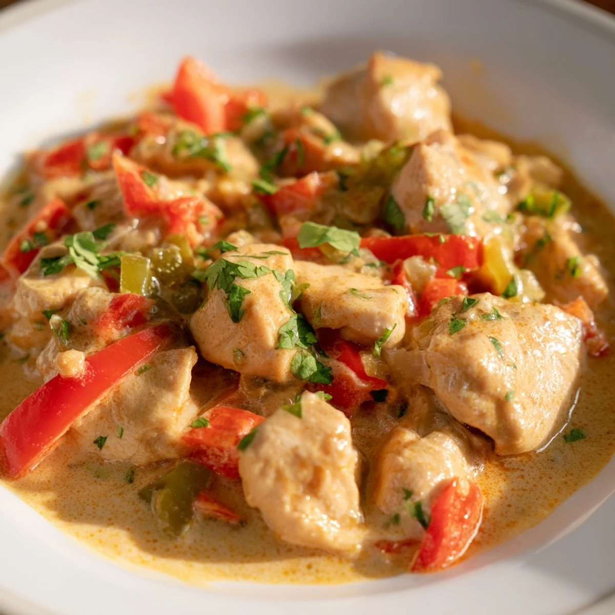 Tender chicken thighs simmered in creamy coconut milk with vibrant bell peppers, showcasing Brazilian Coconut Chicken.
