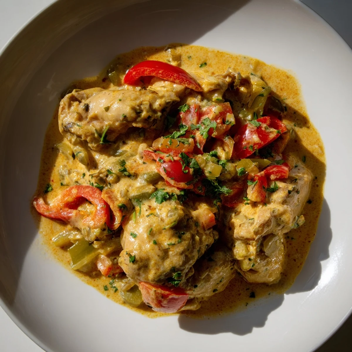A close-up of steaming Brazilian Coconut Chicken with cilantro garnish served over white rice and lime wedges.