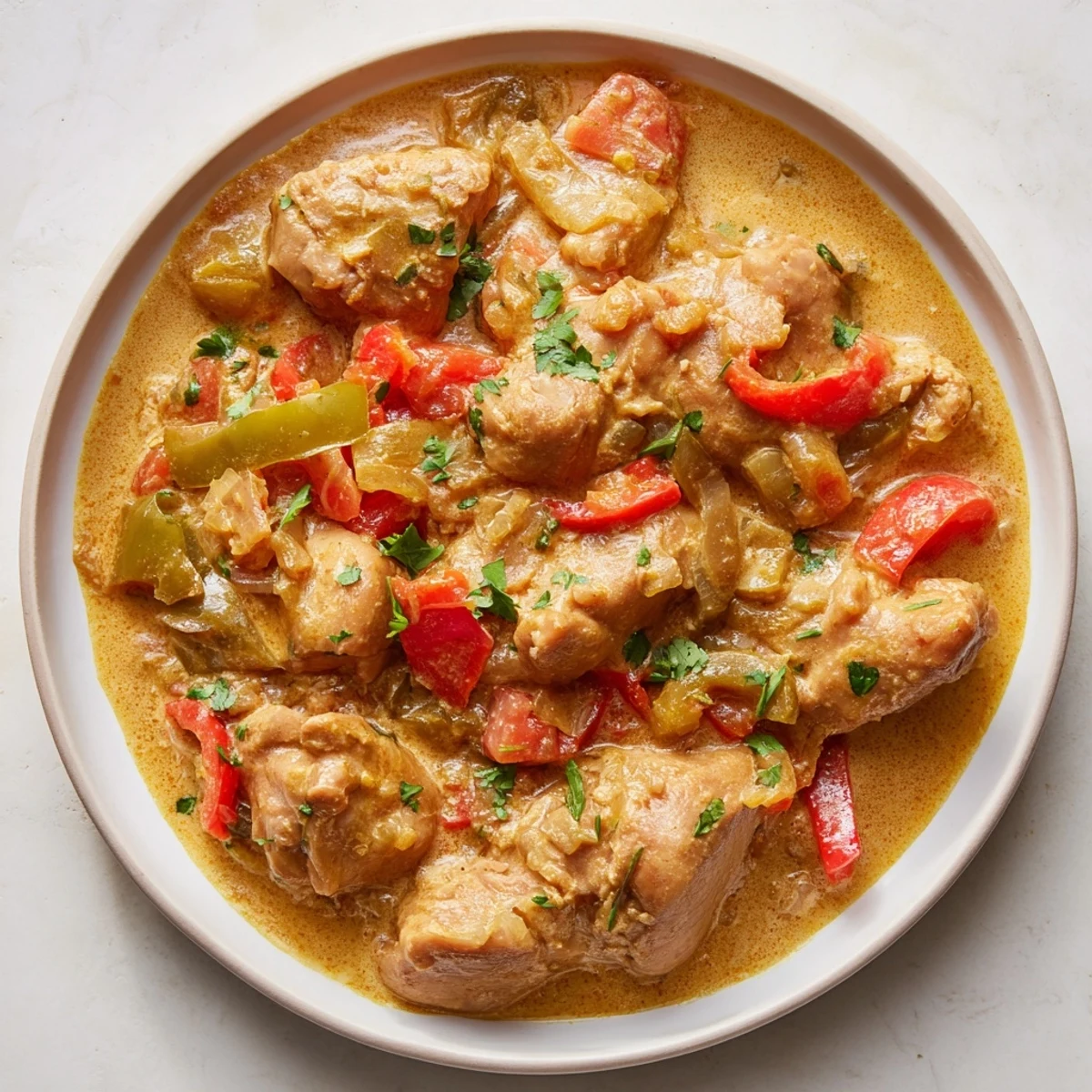 Golden seared chicken pieces coated in rich, aromatic Brazilian Coconut Chicken sauce with hints of cumin and paprika.