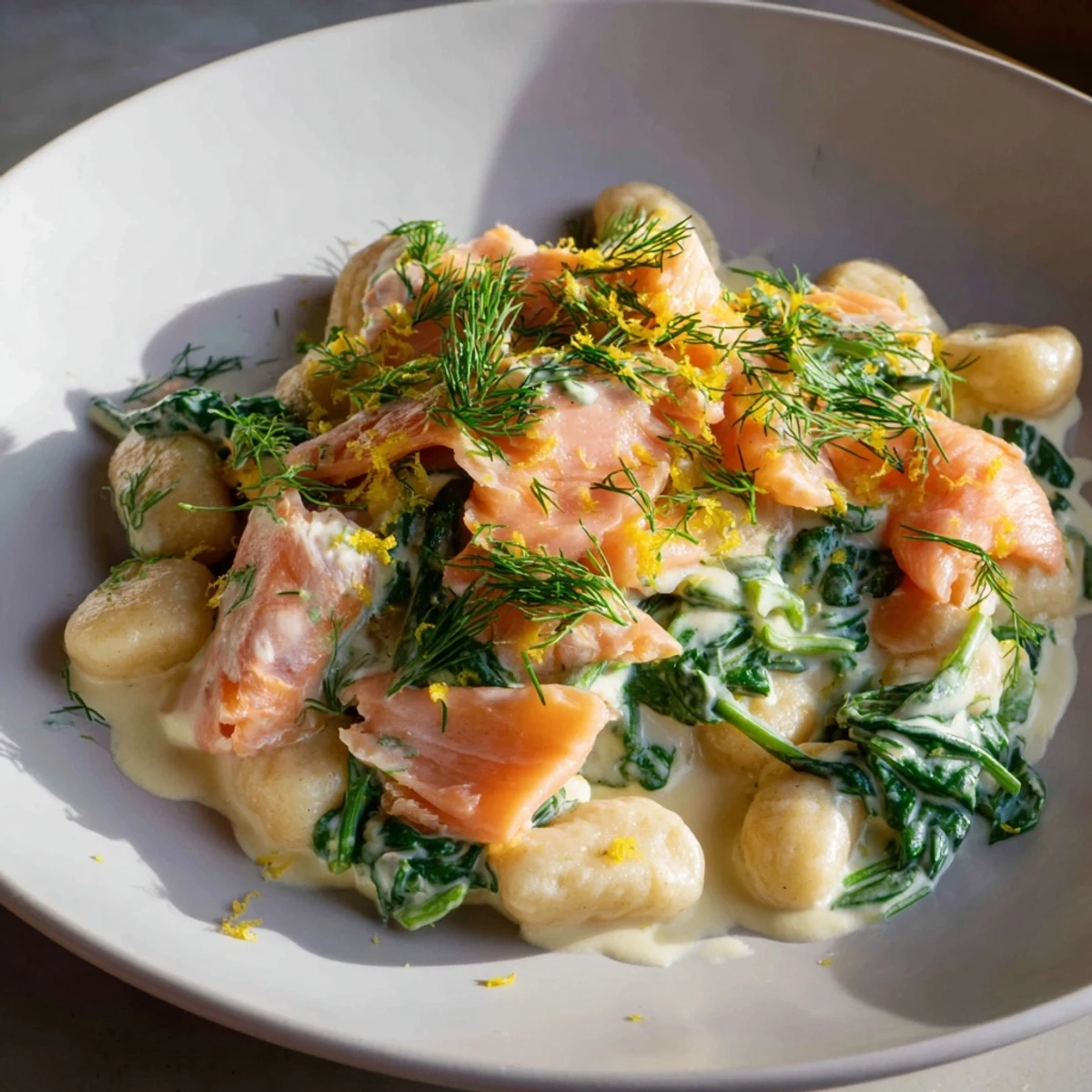 Pillowy gnocchi with silky smoked salmon in a creamy lemon-dill sauce, finished with fresh chives and spinach.
