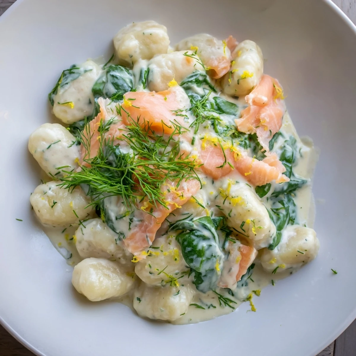 Creamy Healthy Smoked Salmon Gnocchi served warm with lemon wedges, vibrant greens, and a light, pescatarian-friendly main dish.