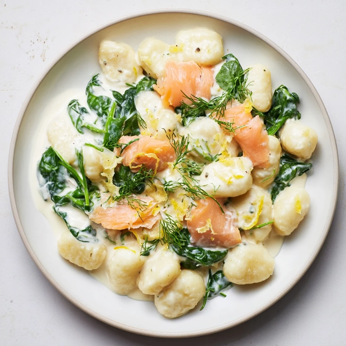 Quick Italian-inspired Healthy Smoked Salmon Gnocchi tossed in crème fraîche, wilted spinach, and topped with fresh herbs for weeknight dinner.