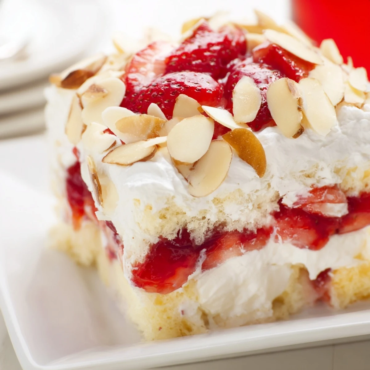 A generous slice of Heaven on Earth Cake, showcasing fluffy angel food cake layers soaked in creamy vanilla pudding and bright strawberry filling.
