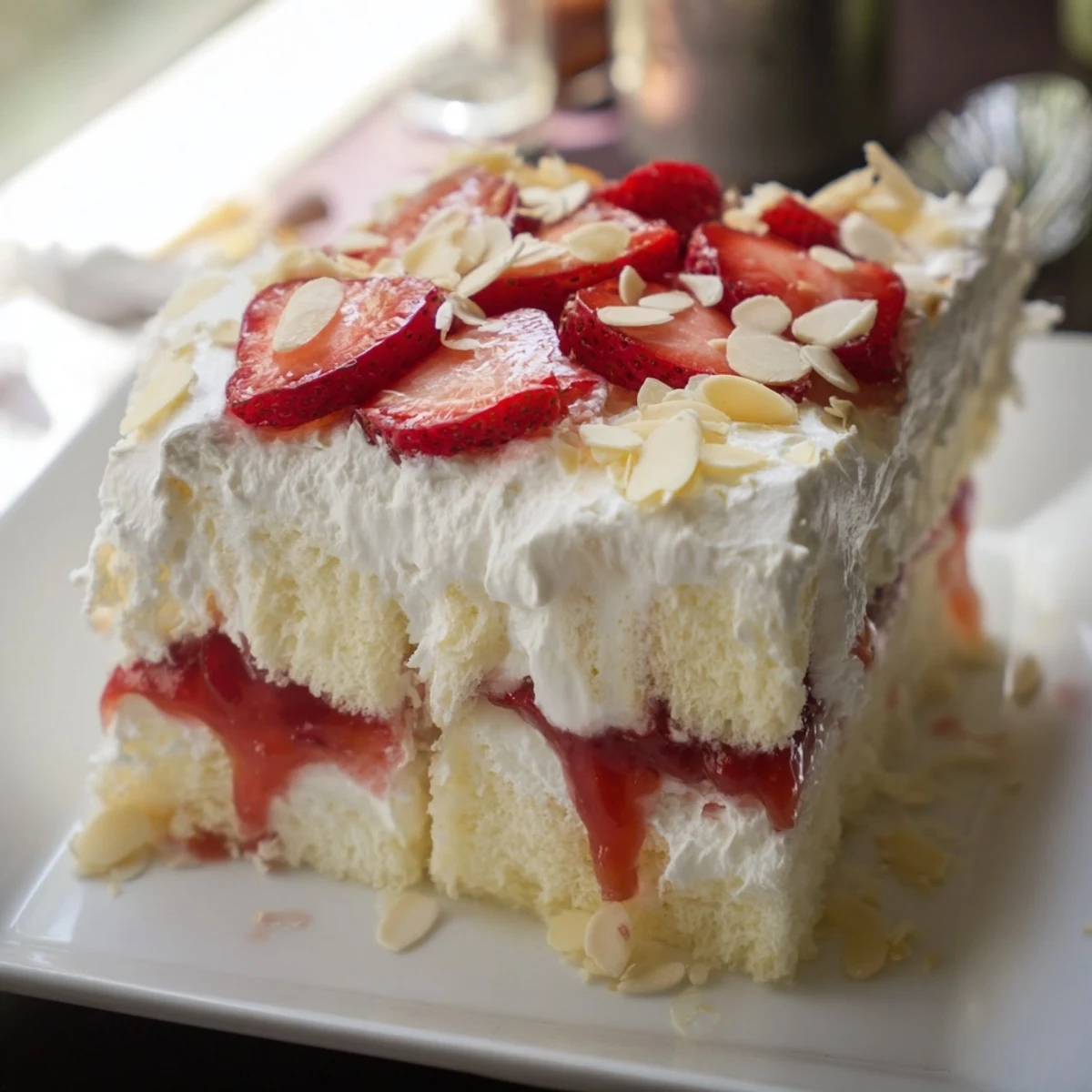 A trifle dish filled with Heaven on Earth Cake reveals alternating cubes of airy cake, smooth vanilla cream, and glossy red strawberry layer.