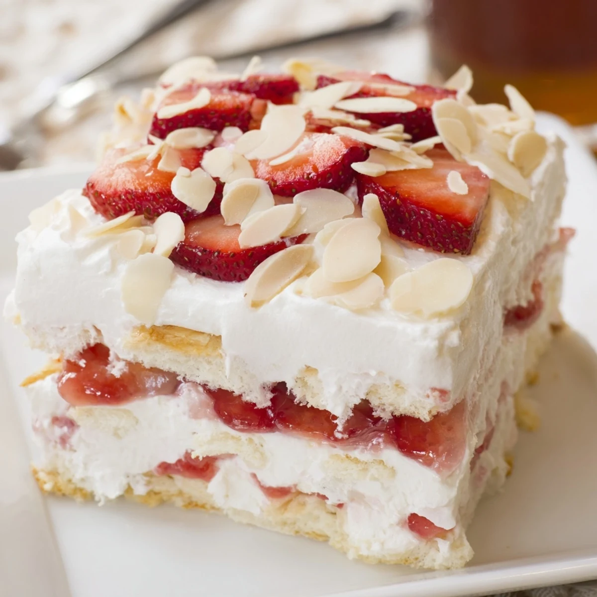 Served chilled, this no-bake Heaven on Earth Cake is topped with whipped cream, fresh berries, and sliced almonds for a perfect summer dessert.