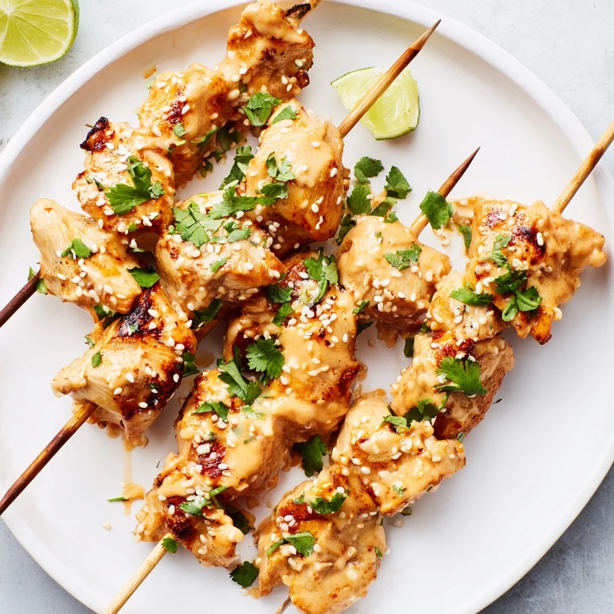 Golden-brown grilled Bang Bang Chicken Skewers glistening with creamy, spicy-sweet sauce and fresh cilantro.