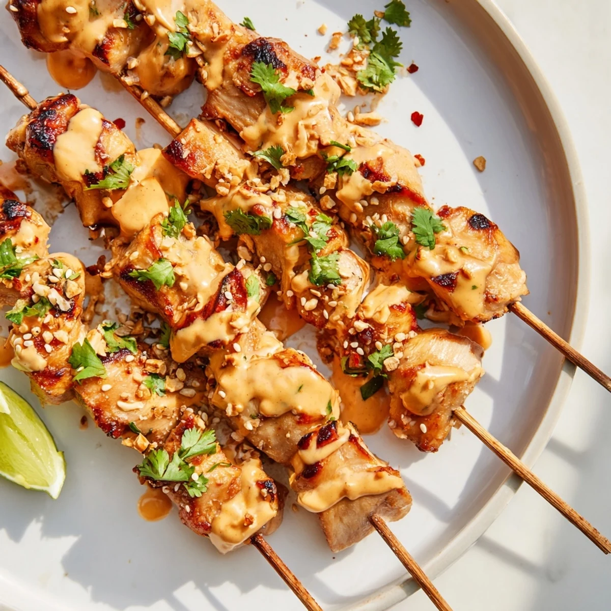 Sizzling Bang Bang Chicken Skewers on a platter with lime wedges, sesame seeds, and a drizzle of sauce.