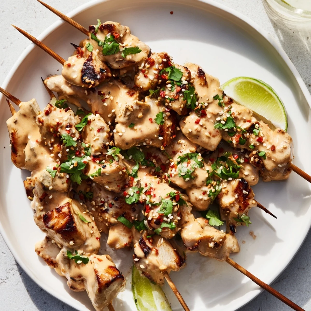 Savory Bang Bang Chicken Skewers served over rice with a side salad, perfect for a weeknight dinner.