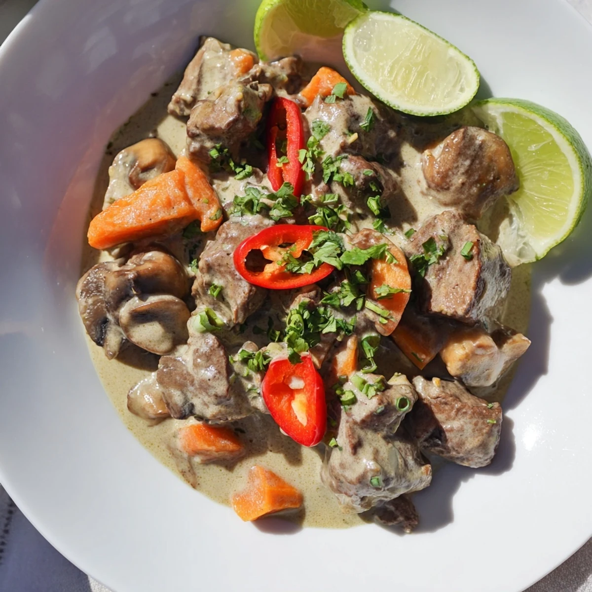 A close-up of Lemongrass Coconut Braised Beef with Mushrooms served steaming hot over fluffy white rice.  
