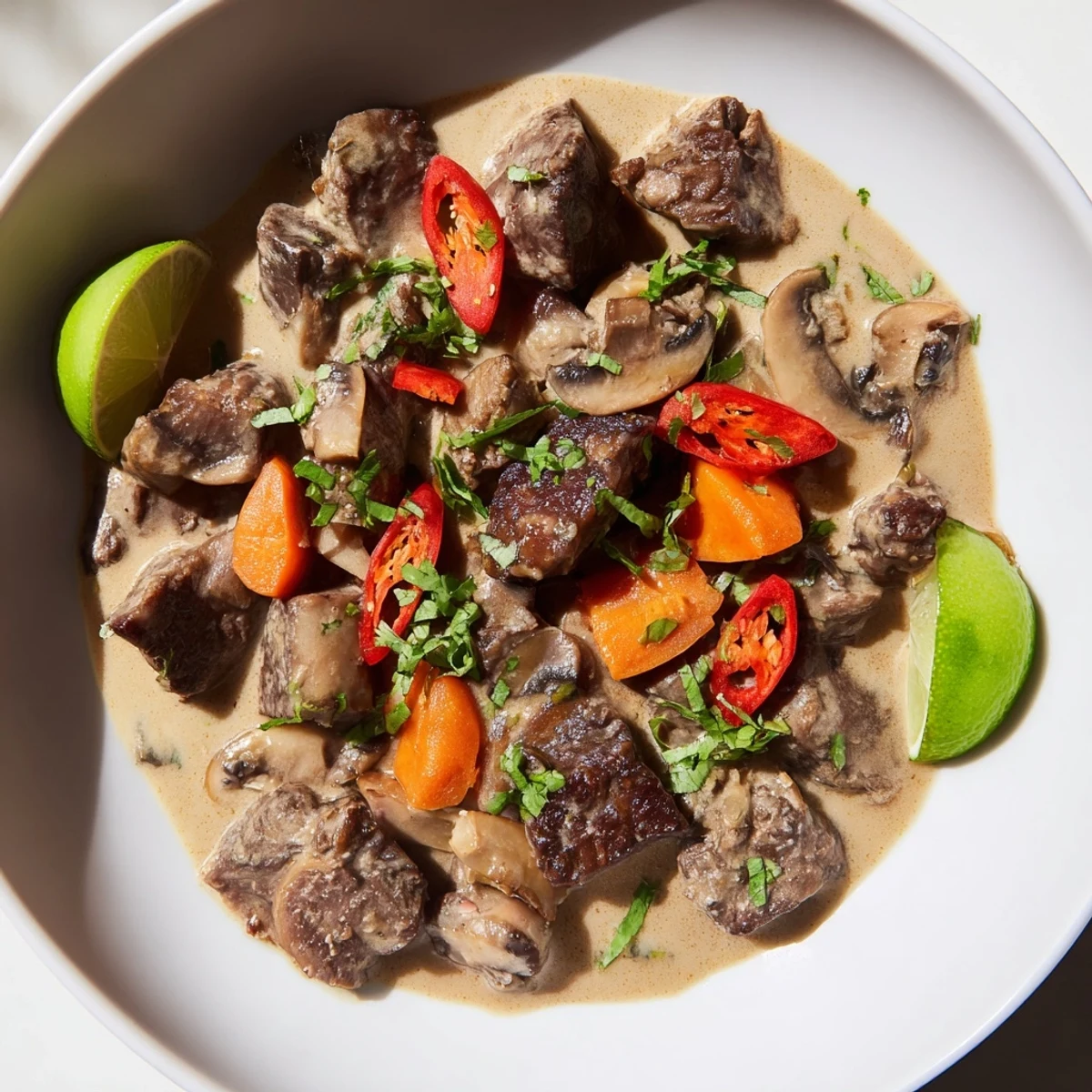 Tender beef cubes braise in a fragrant lemongrass coconut sauce with mushrooms, garnished with cilantro and lime wedges.  