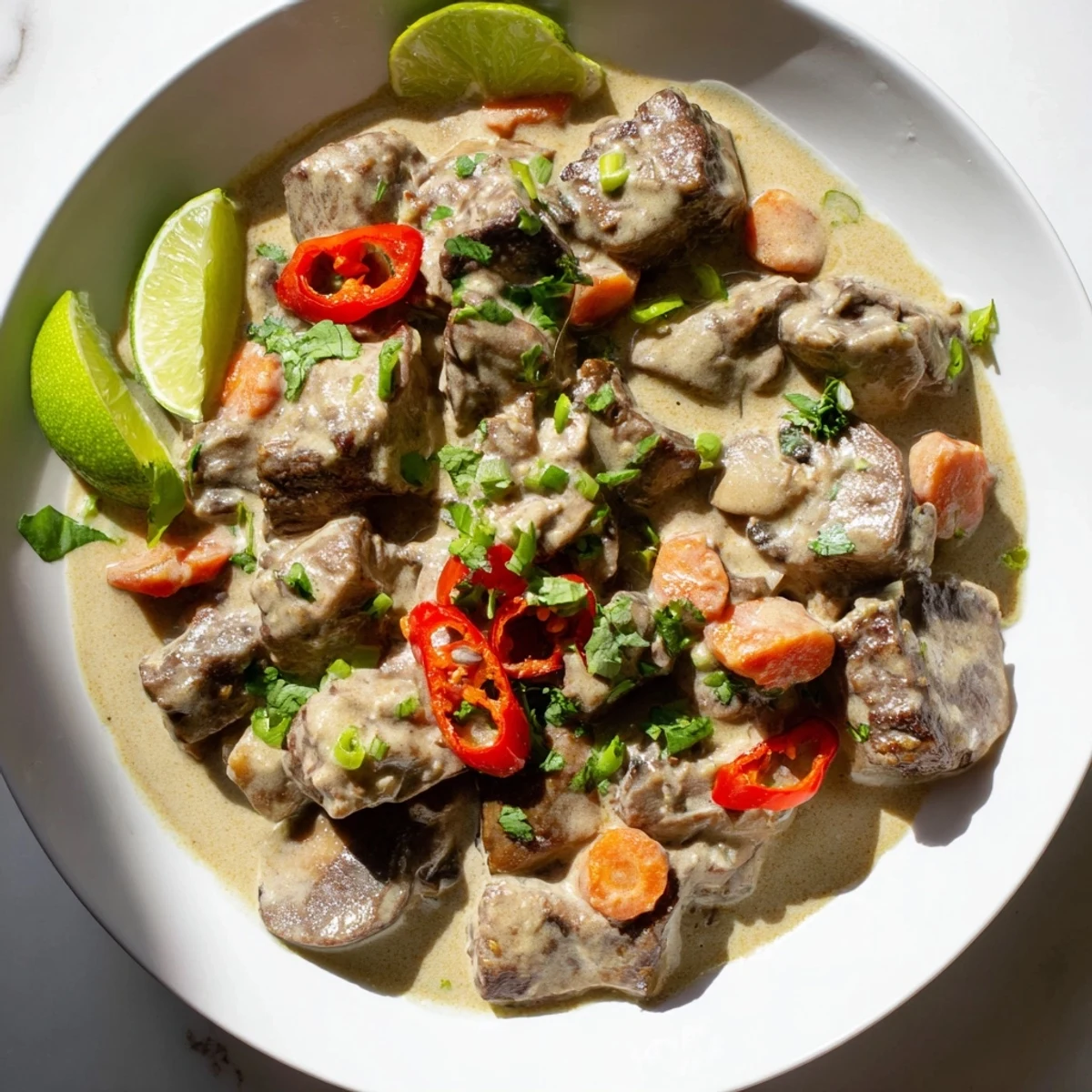 The finished Lemongrass Coconut Braised Beef with Mushrooms features tender chunks and aromatic garnishes on a rustic plate.