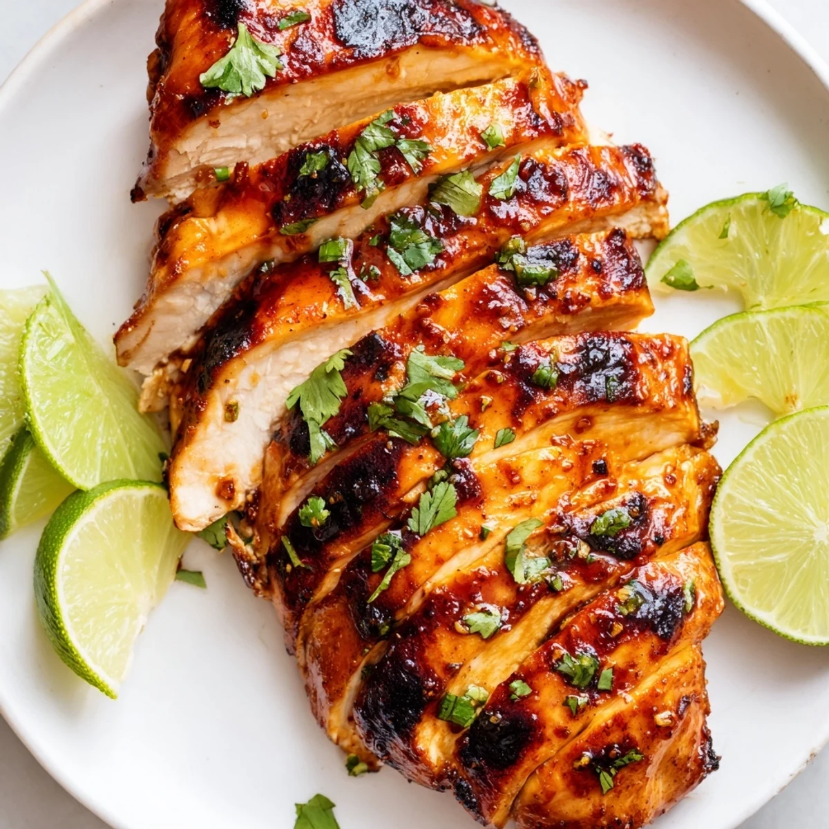 Juicy grilled Spicy Honey Lime Chicken breasts with char marks, fresh cilantro, and lime wedges on a rustic plate.