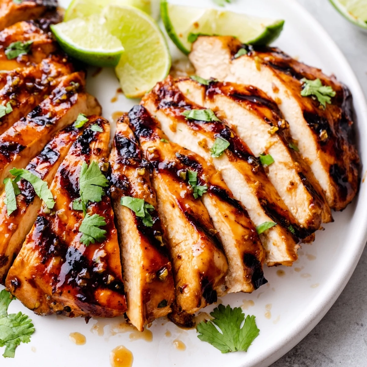 A close-up of glazed Spicy Honey Lime Chicken slices, revealing tender meat and a sweet and spicy aroma.