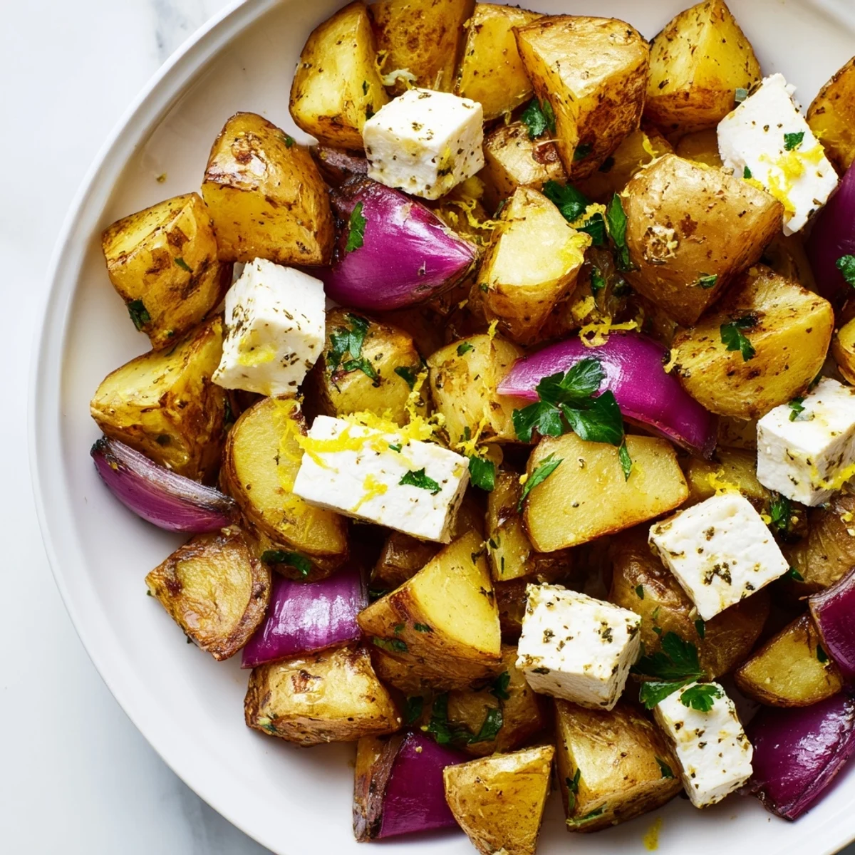 Baked Feta Potatoes with Lemon served warm as a Mediterranean side, tangy feta melting over tender potatoes.