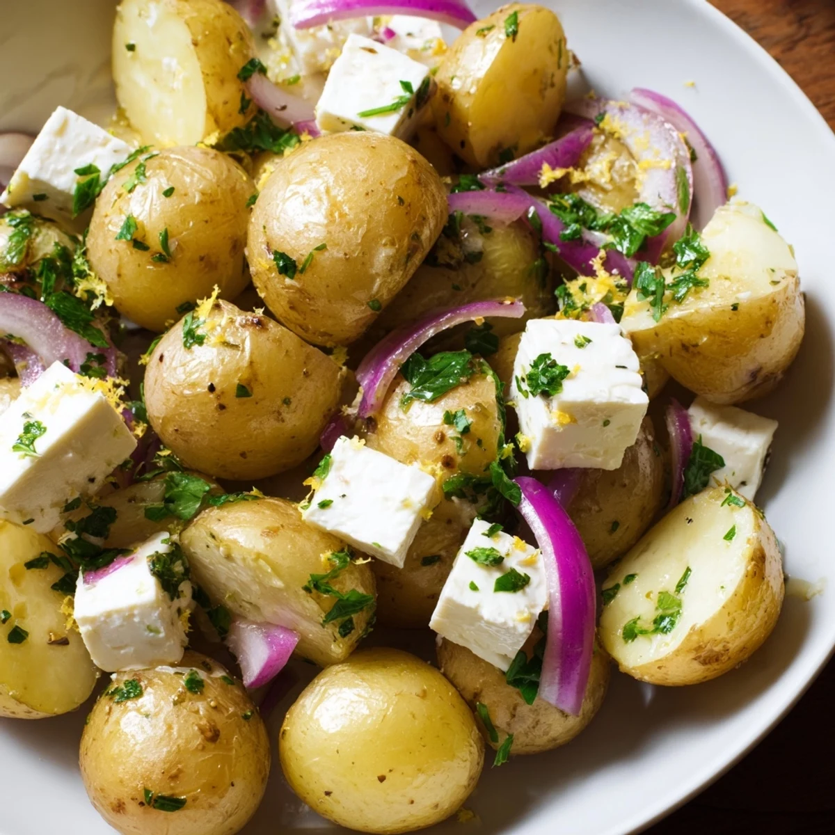 Golden Baked Feta Potatoes with Lemon roasted with red onions until crispy, garnished with fresh parsley.