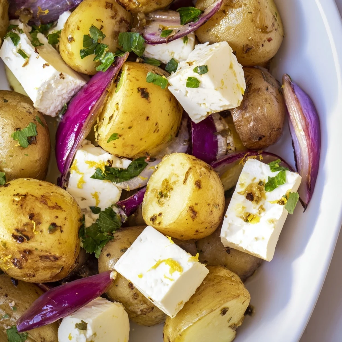 Savory Baked Feta Potatoes with Lemon baked in a dish with oregano and garlic, ready to enjoy.