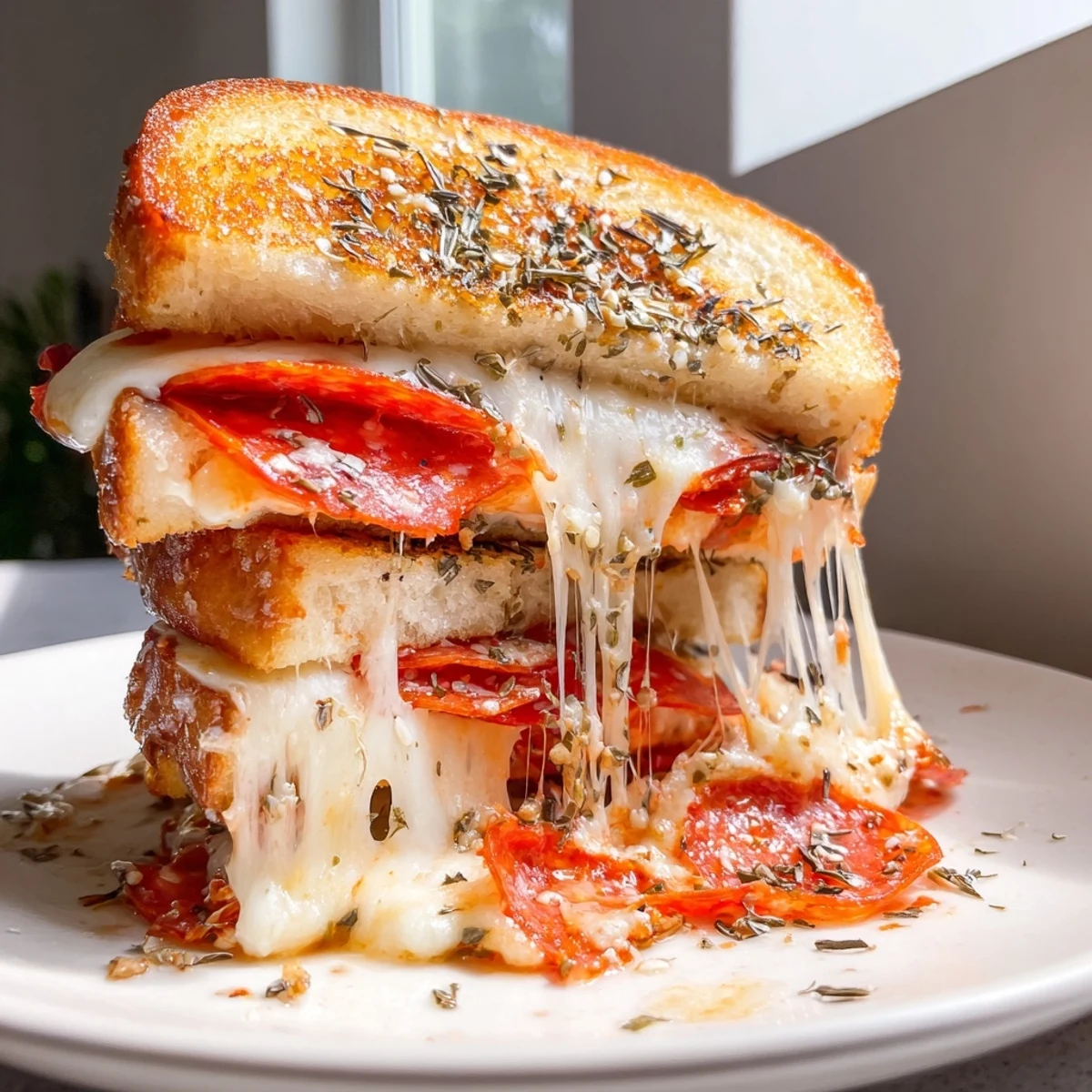 Golden toasted sourdough slices of Pizza Grilled Cheese oozing melted mozzarella and pepperoni.
