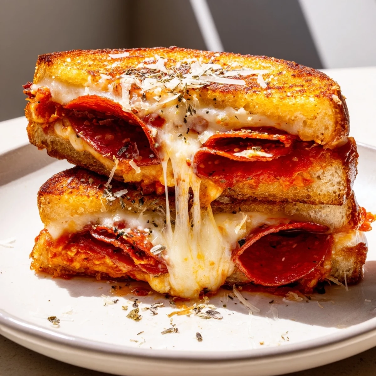A close-up of Pizza Grilled Cheese on a plate with marinara dipping sauce.
