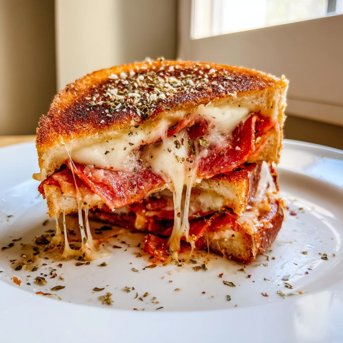 A slice of Pizza Grilled Cheese with gooey cheese pull, basil, and Parmesan.