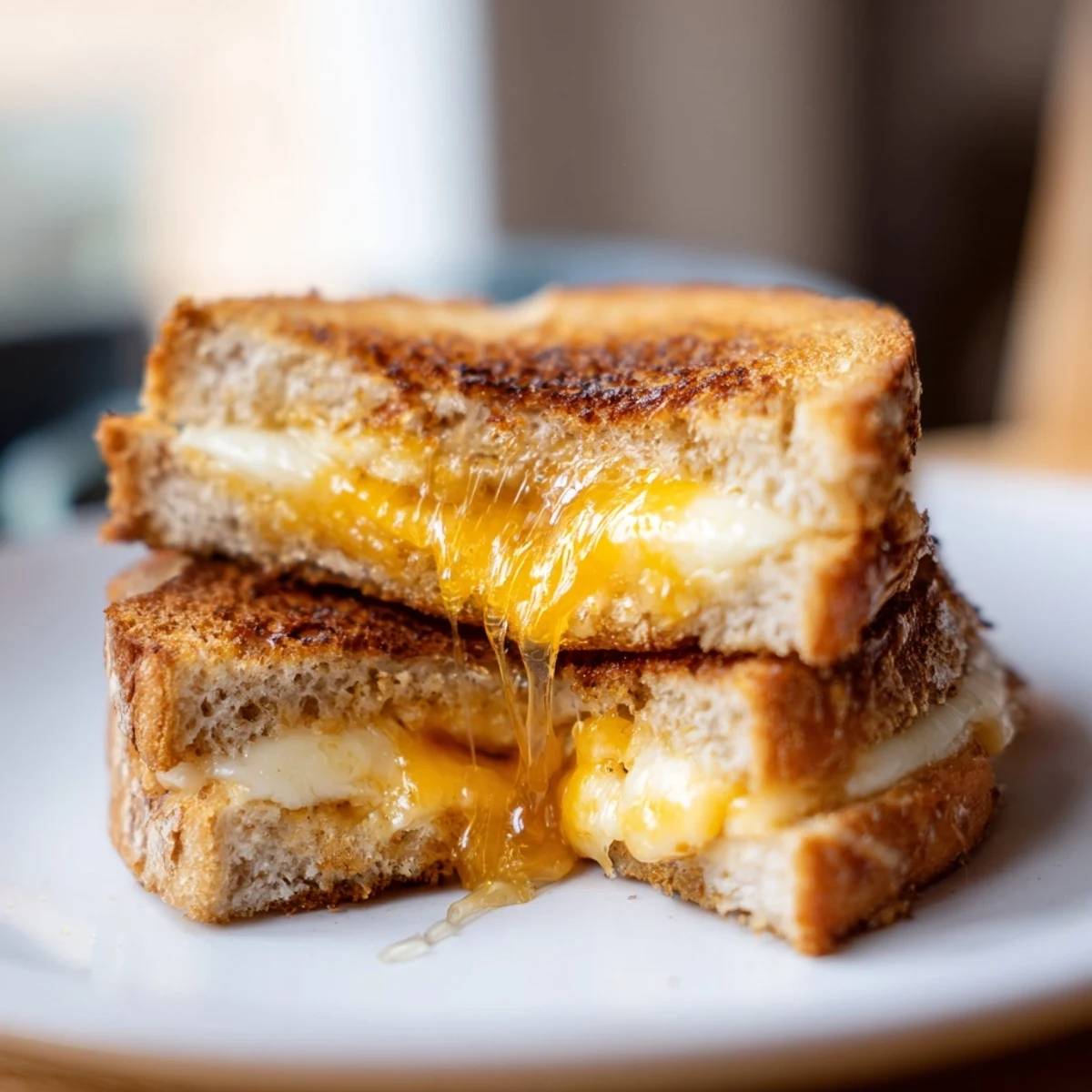 A close-up of the golden-brown Cheese Grilled Cheese with Honey Bliss, melted cheddar, mozzarella, and Gruyère oozing from buttery sourdough slices.
