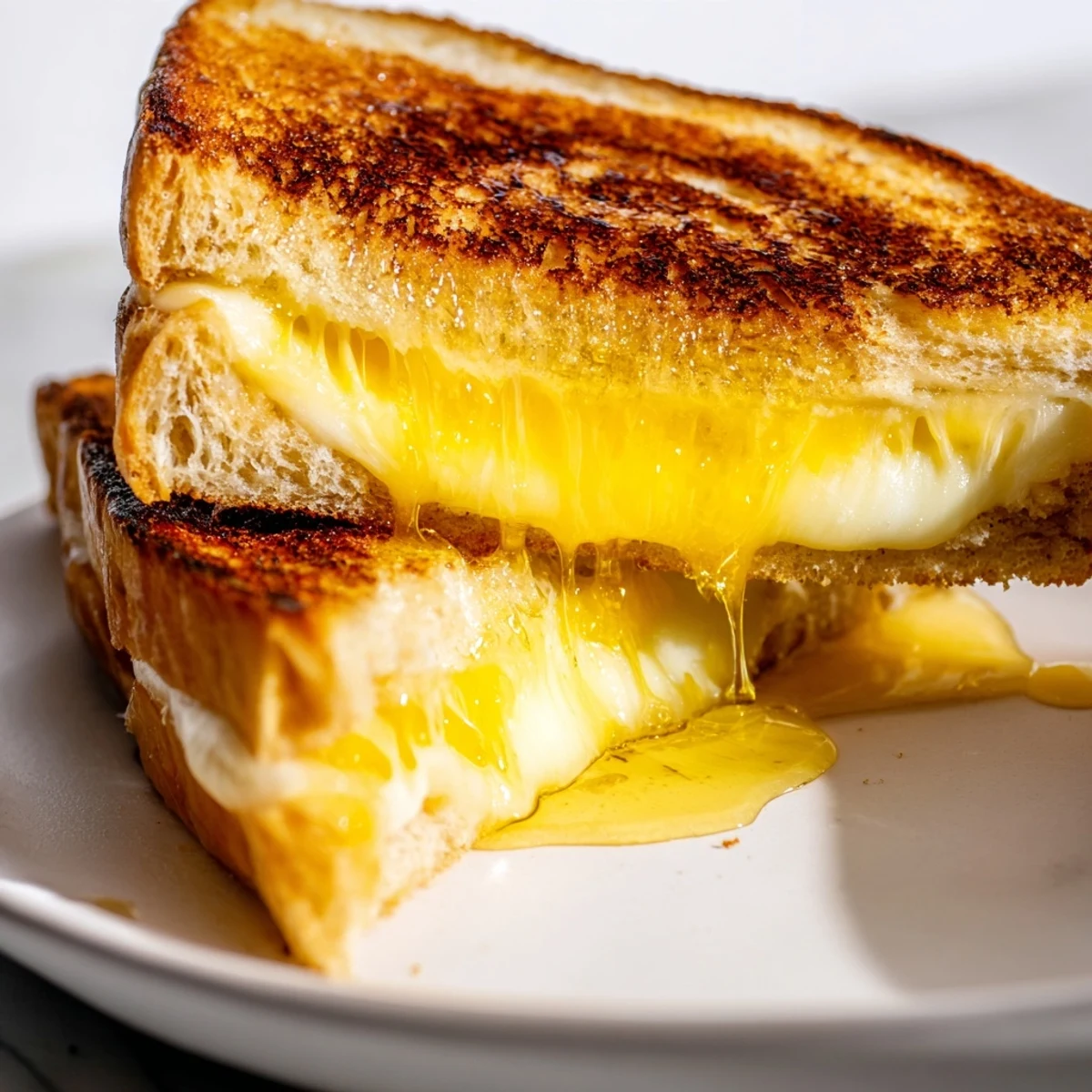 The Cheese Grilled Cheese with Honey Bliss rests on a rustic wooden board, a honey drizzle glistening over the crisp, toasted bread exterior.