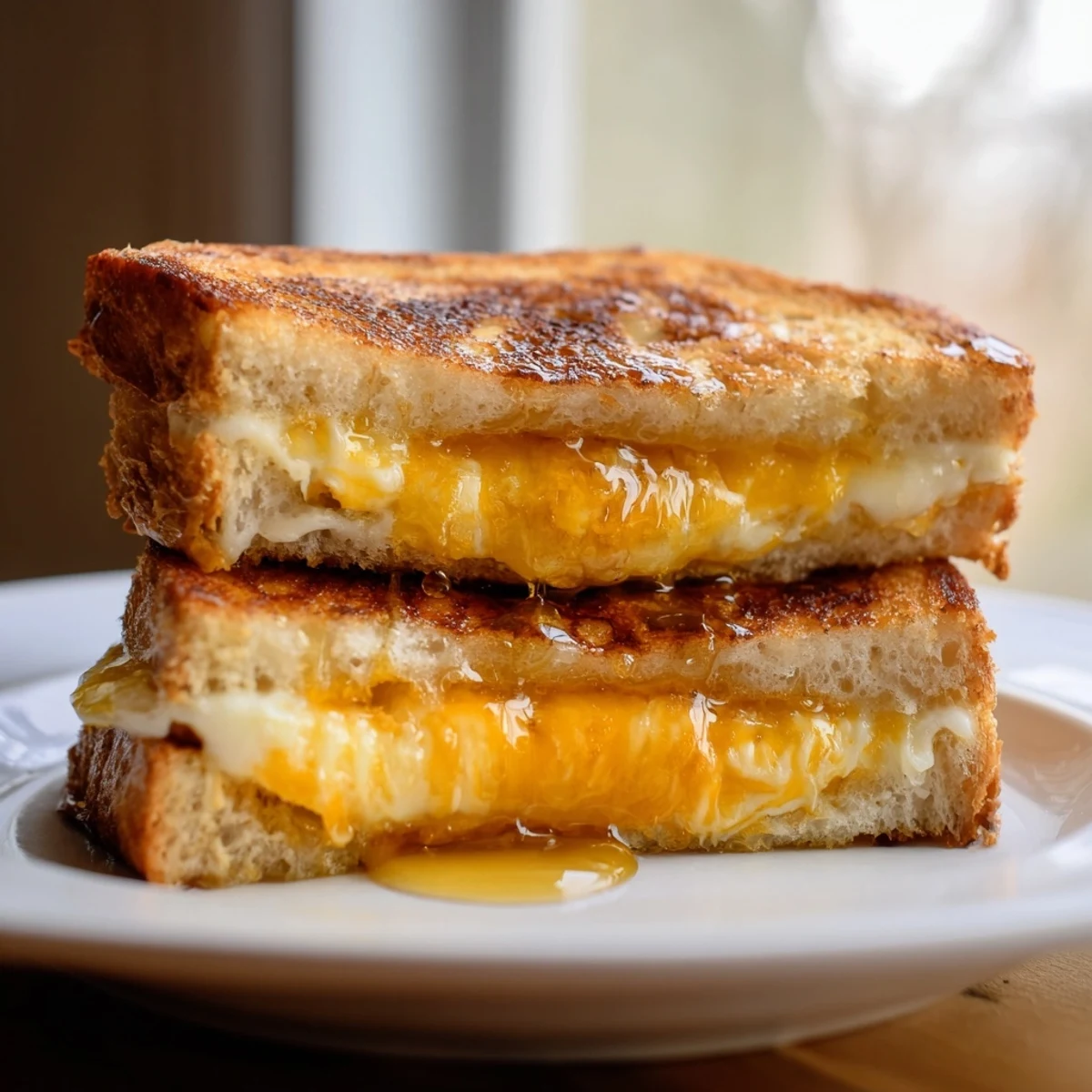 A freshly sliced Cheese Grilled Cheese with Honey Bliss reveals a gooey, multi-cheese interior, served ready to enjoy with an extra honey pot nearby.