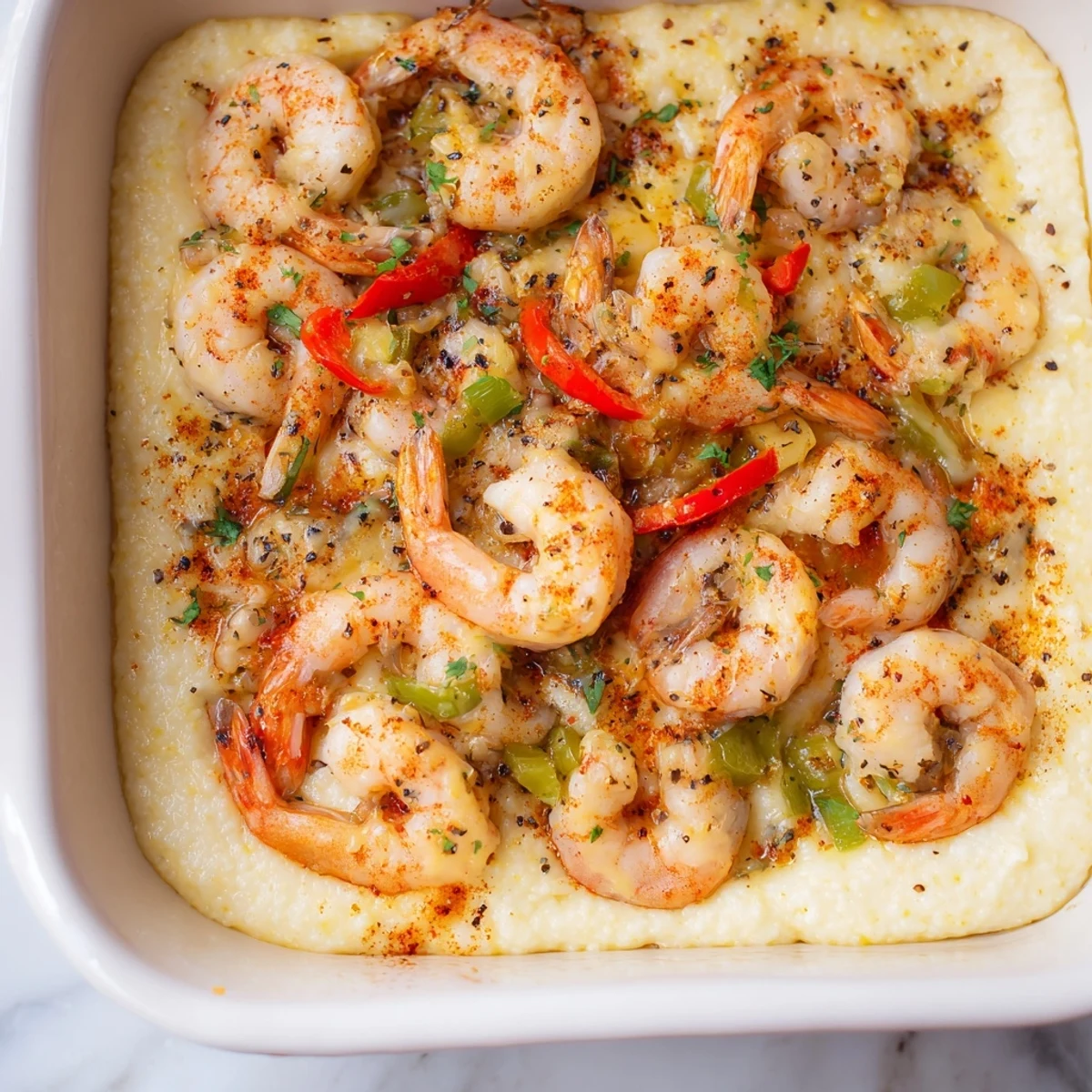 Golden bubbly Monterey Jack cheese tops the Easy Shrimp & Grits Casserole, with succulent shrimp nestled in creamy grits.