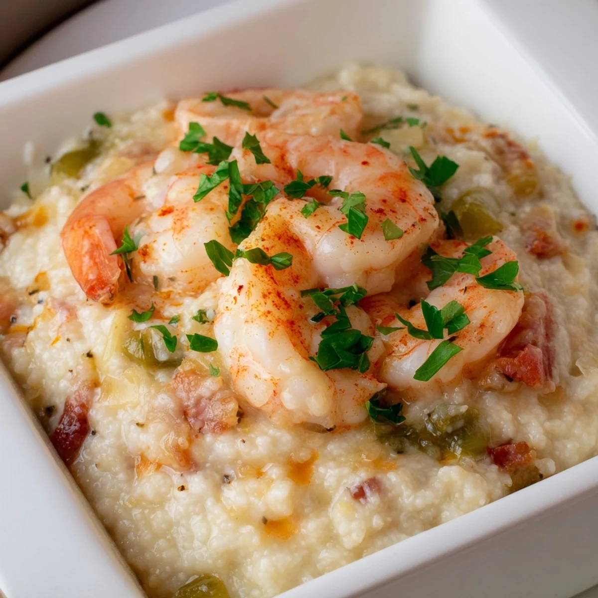 A close-up shows the Easy Shrimp & Grits Casserole featuring green parsley garnish and a savory pepper onion mixture.