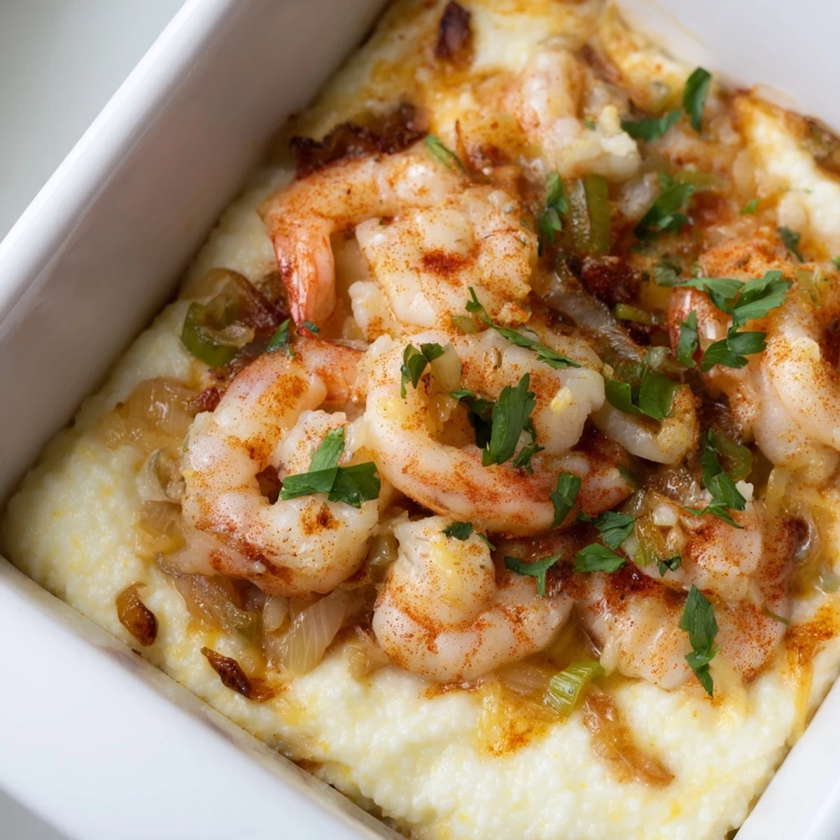 This hearty Southern Easy Shrimp & Grits Casserole is served warm, perfect for a cozy gluten-free family dinner.