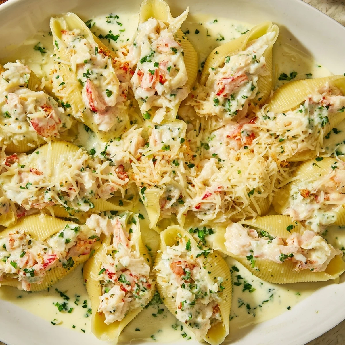 Creamy Seafood Stuffed Shells baked in rich white sauce with golden mozzarella topping and fresh parsley garnish.