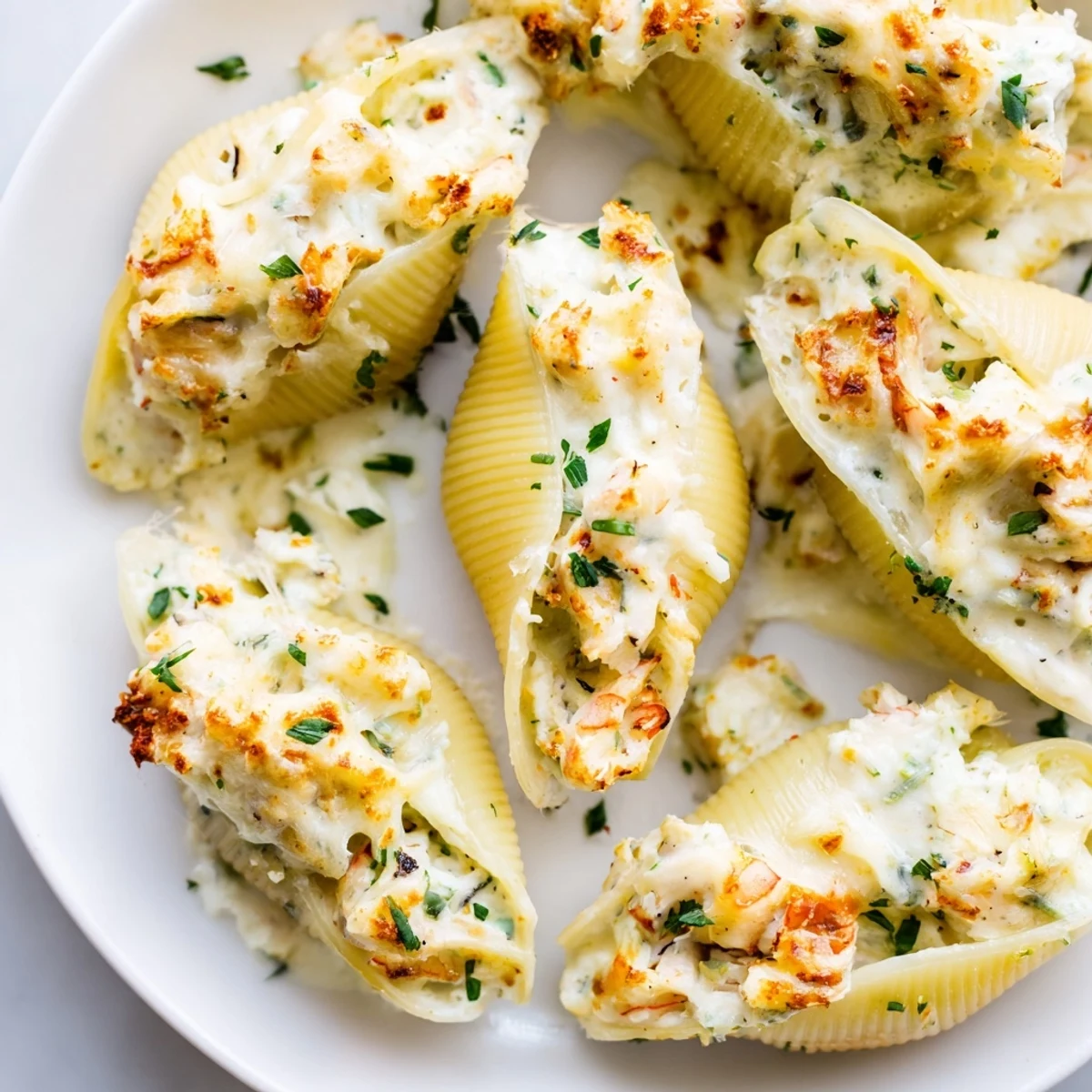 A close view of Creamy Seafood Stuffed Shells filled with shrimp and crab, served on a white plate.