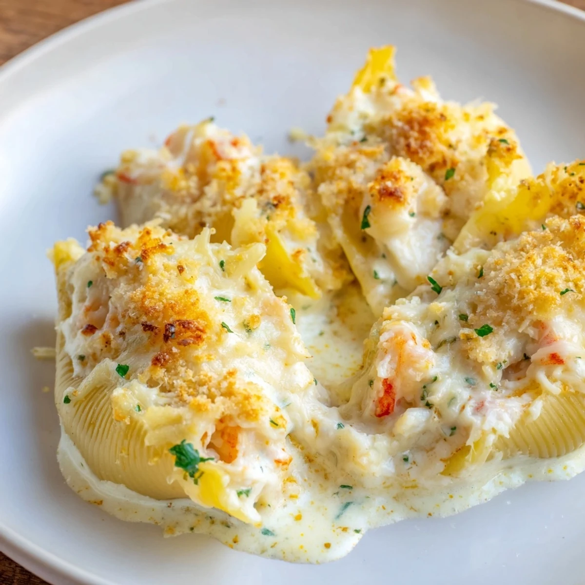 The final plating of Creamy Seafood Stuffed Shells with tender pasta, seafood filling, and bubbling cheese.