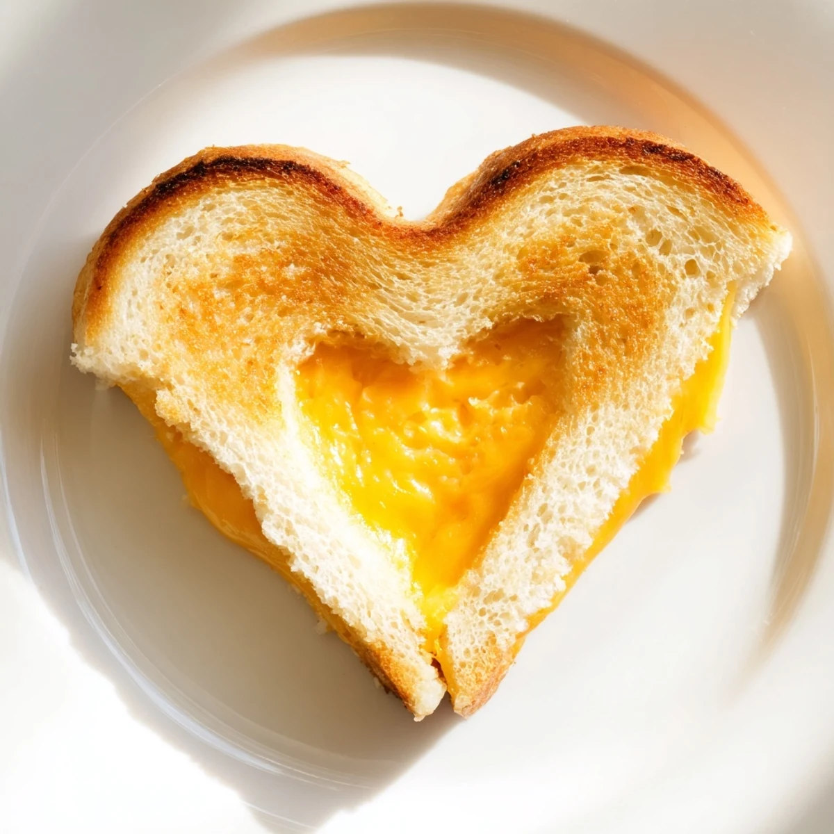 Golden-brown Mini Grilled Cheese Hearts sit on a white plate, oozing melted cheddar and served with a small cup of tomato soup.