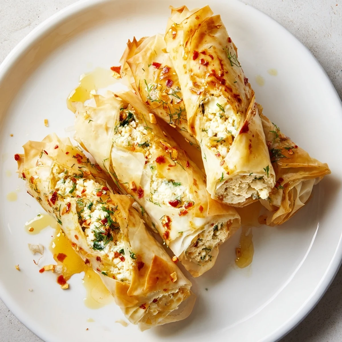 Crispy golden Oven Fried Feta Rolls With Chili Honey glisten on a white plate, ready to serve.