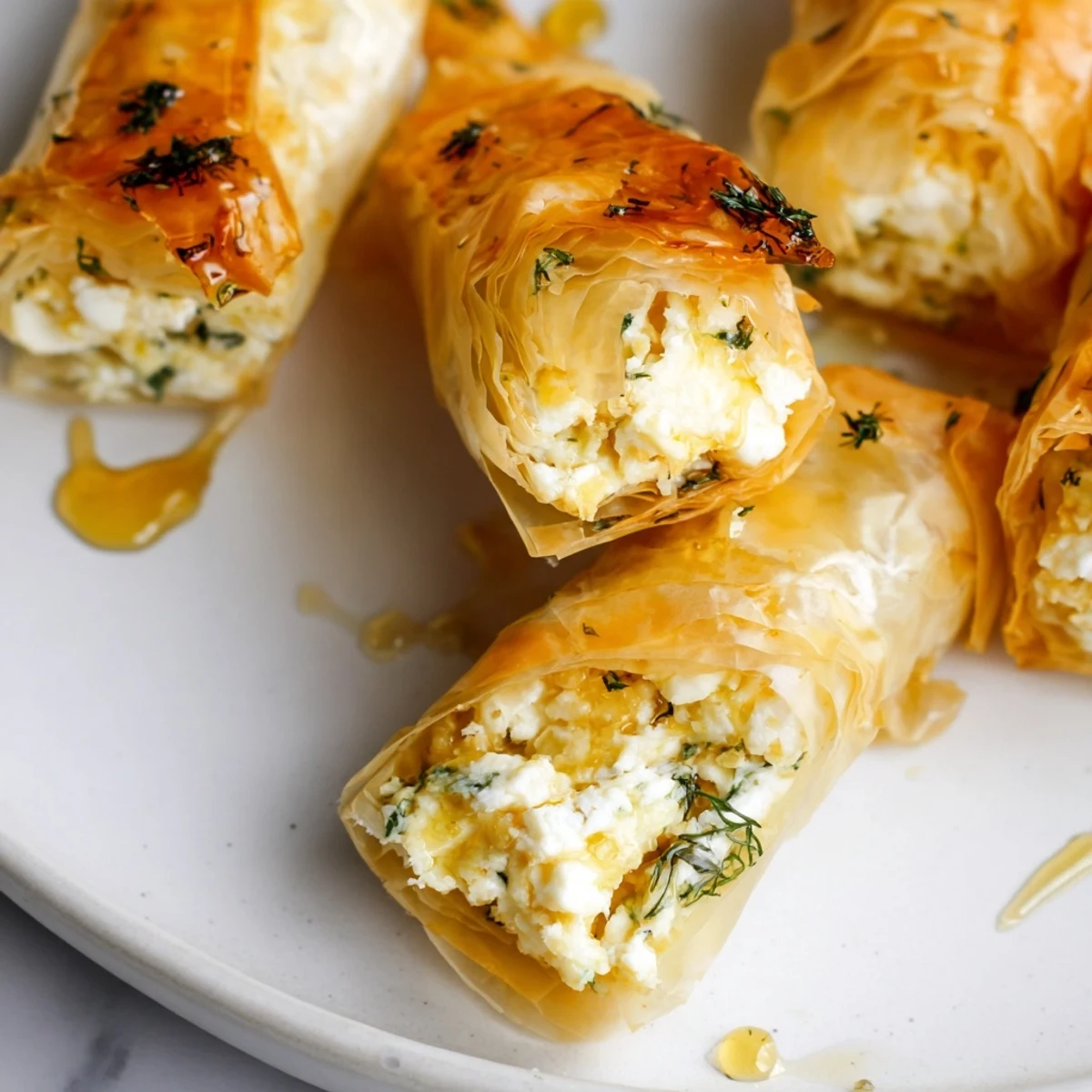 Golden Oven Fried Feta Rolls With Chili Honey are drizzled with spicy honey for a sweet heat.