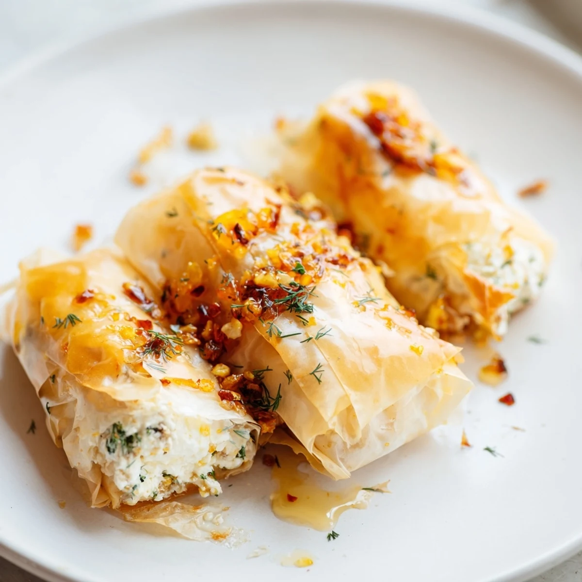 Fresh herbs and creamy feta fill these Oven Fried Feta Rolls With Chili Honey on a marble counter.