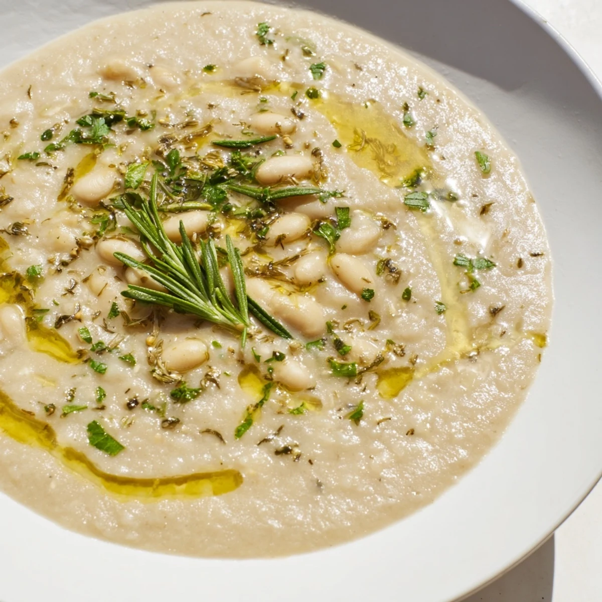 Creamy Rosemary and Roasted Garlic White Bean Soup steaming in a rustic bowl with a drizzle of olive oil.