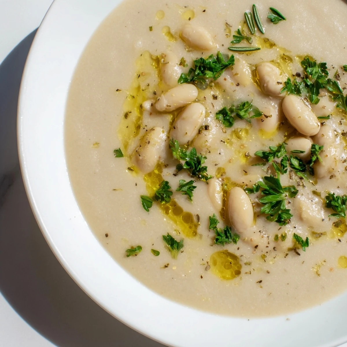 A warm bowl of Rosemary and Roasted Garlic White Bean Soup garnished with fresh parsley and crusty bread on the side.