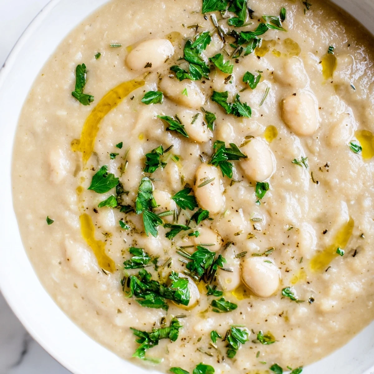 Close-up photo of Rosemary and Roasted Garlic White Bean Soup with a hearty, creamy texture and visible rosemary specks.