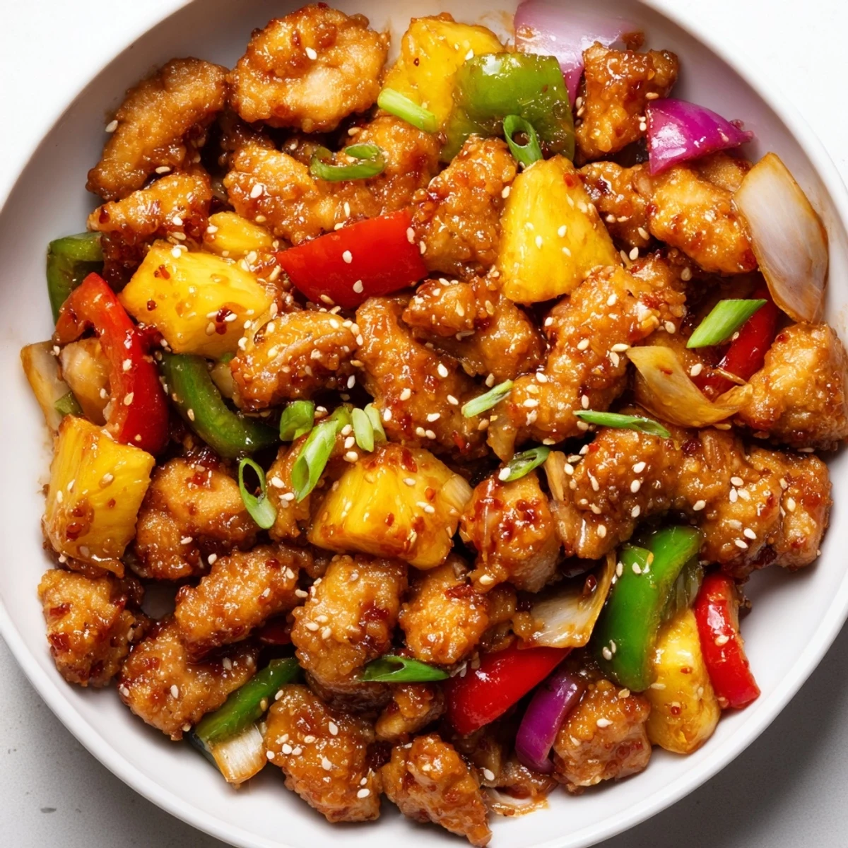 Stir fry with tender chicken, juicy pineapple chunks, and crisp peppers served over steamed jasmine rice.